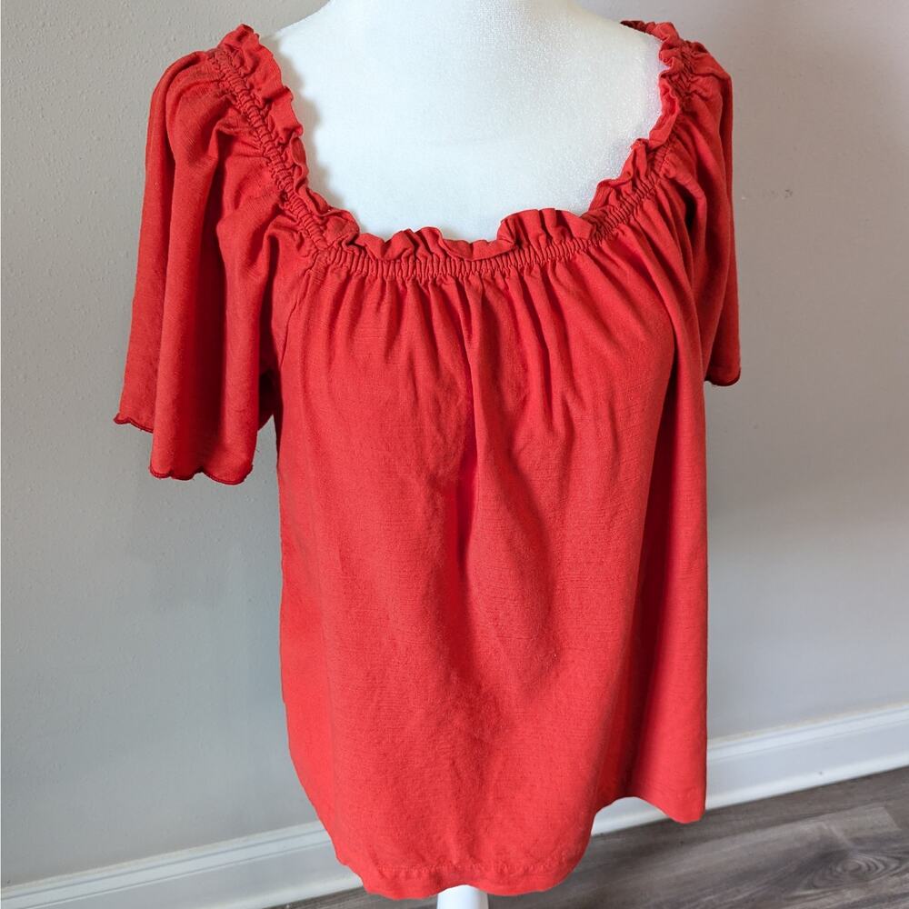 LC Lauren Conrad Red-Orange Peasant Ruffled Neck Flutter Sleeves Top Size Small - Picture 2 of 8